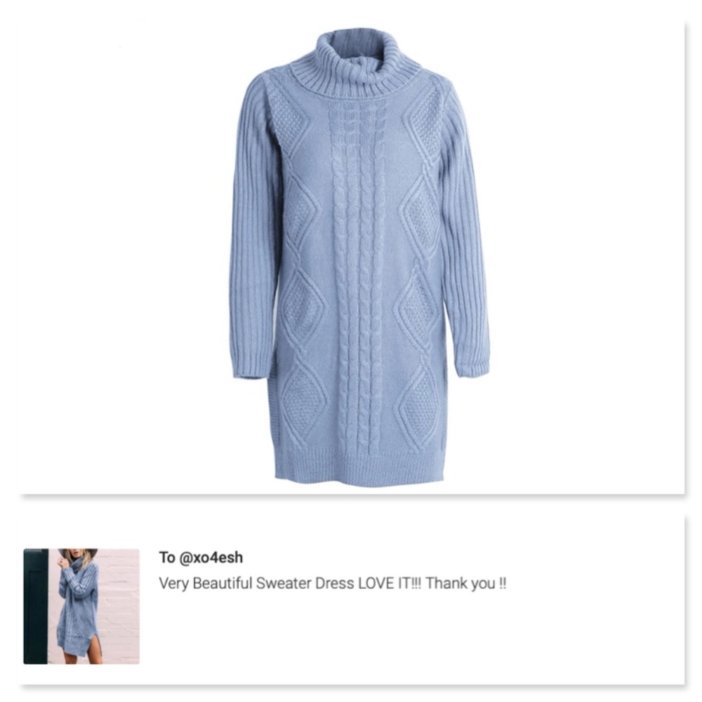 Blue Cable Knit Turtleneck Side Slit Sweater - Picture 5 of 8